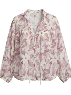 Color Block Floral Blouse Medium | Pink White Tencel Tie Neck Button Front